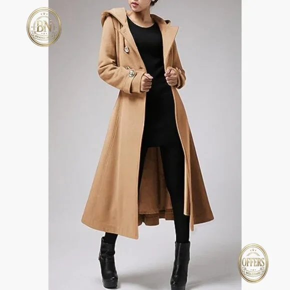 Long Wool Blend Trench Coat with Hood and Belts